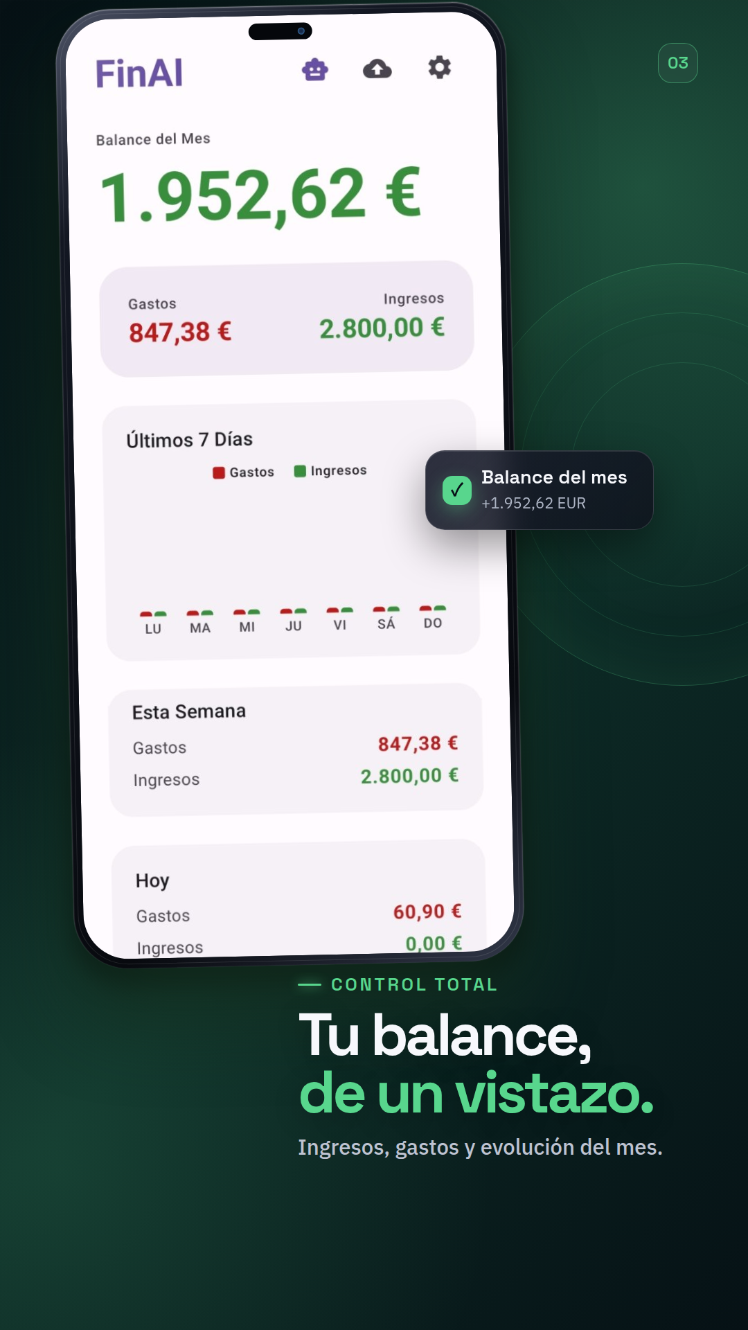 Captura de la pantalla Dashboard de FinAI con balance mensual